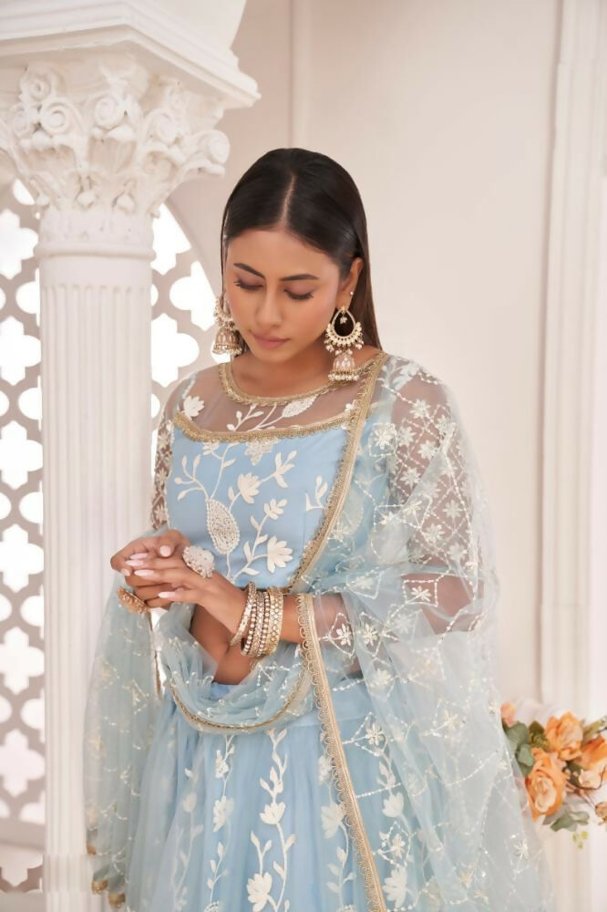 Aastha Fashion Light Sky Butterfly Net White Cotton Thread Work, Zari Work And Sandwich Sequence Work Embroidery Wedding Wear Lehenga Choli | Grocsy