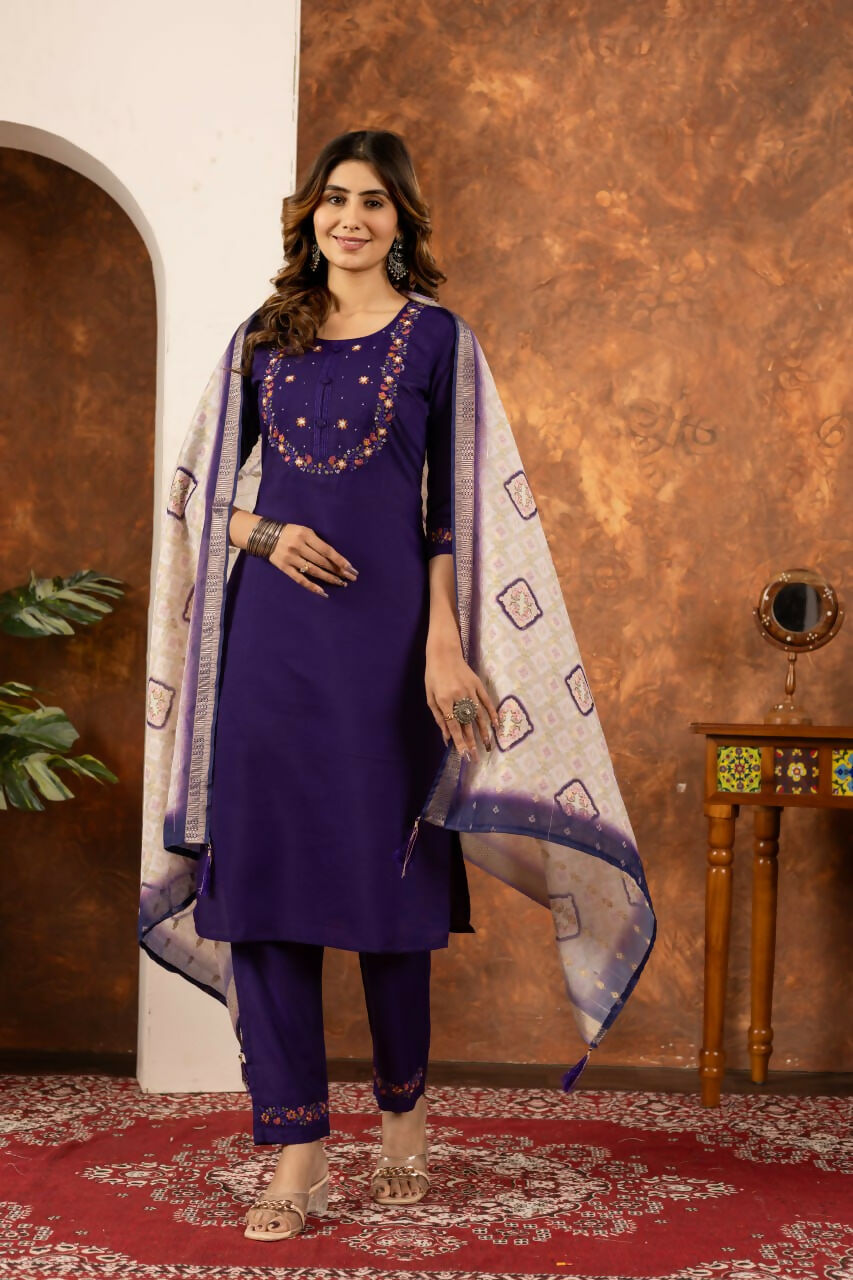 Purple Embroidered Pakistani Straight Kurti with Pant by Infinity Export | Grocsy