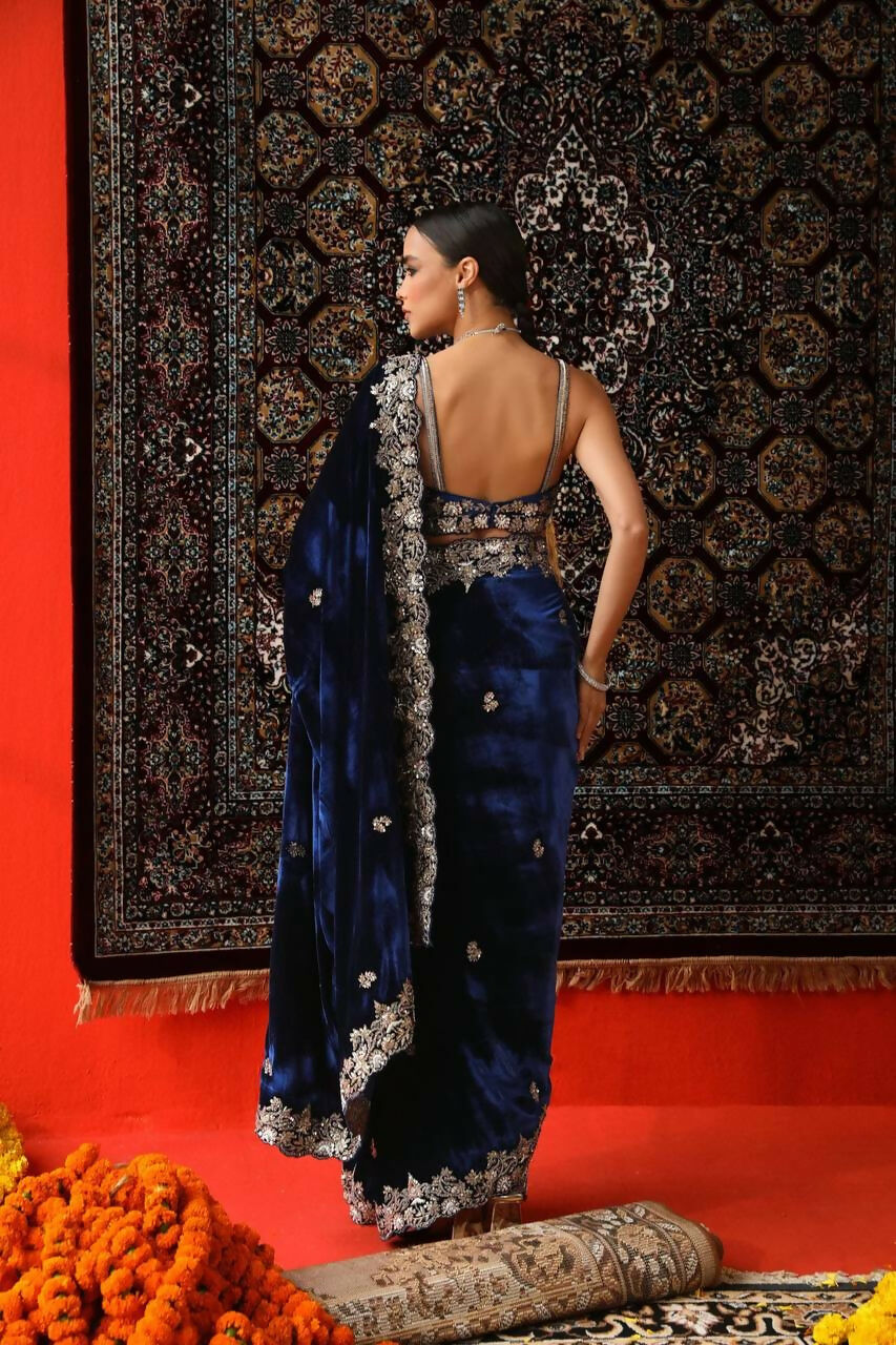 Vastranavya Designer Velvet Sequence & Zari Thread Embroidery work with border and Cutwork Saree - Navy Blue | Grocsy