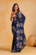 Vamsee Suhanisha Navy Blue Korean Shimmer Silk Saree | Grocsy