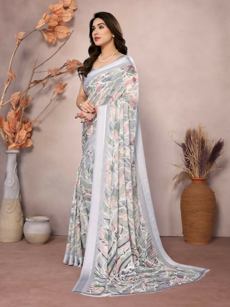 Designer Partywear Greay Bright Moss Satin Patta Fancy Saree - Kanak | Grocsy
