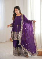 Teeya Creation Purple Color Fendy Satin Silk Embroidery Work party Wear Salwar Suit | Grocsy