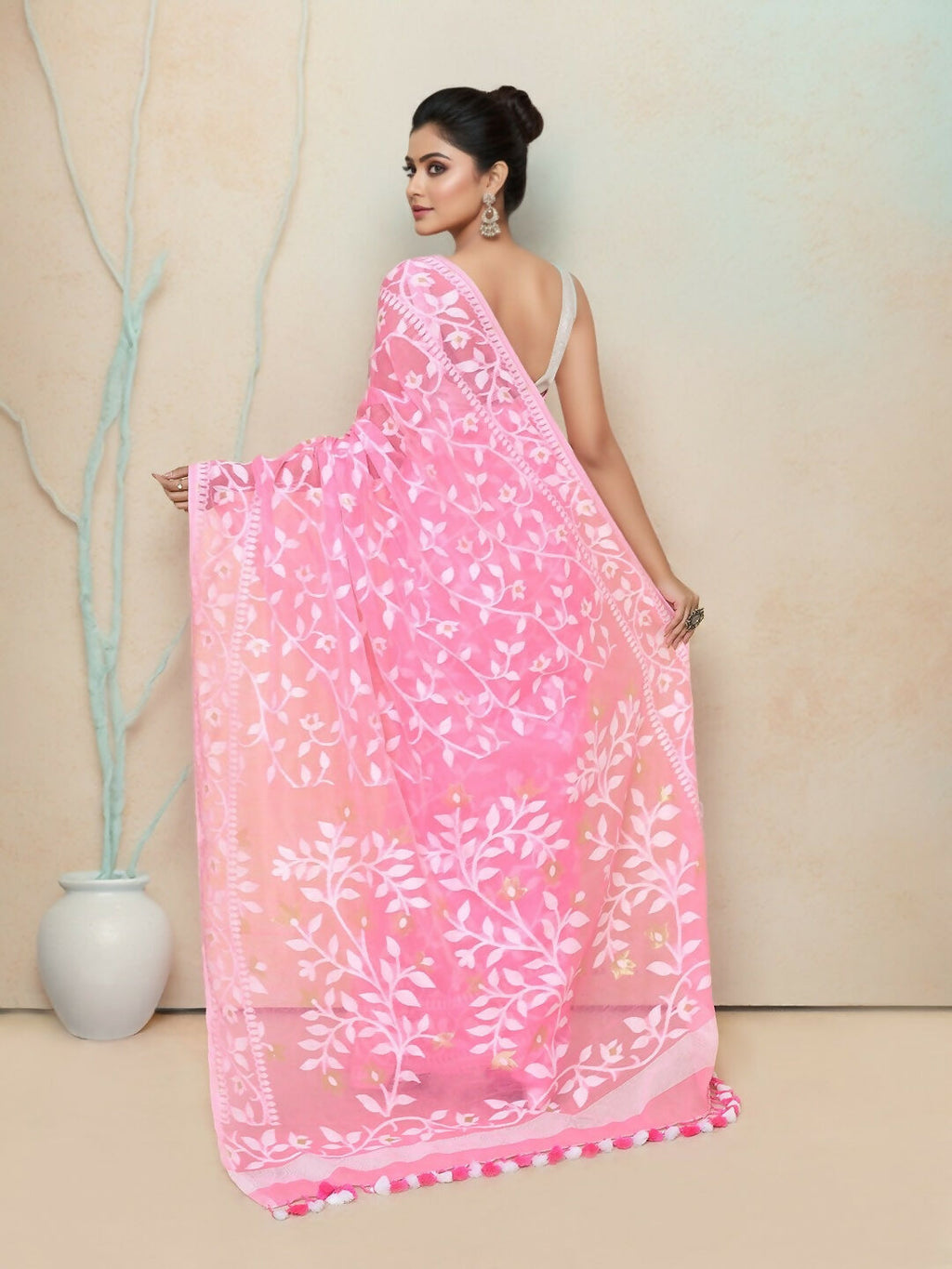 Joban Fashion Light Pink Cotton Blend Jamdani Saree | Grocsy