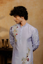 Falling Raw Silk Power Blue Botanical Bloom Kurta Set By Hilo Design | Grocsy