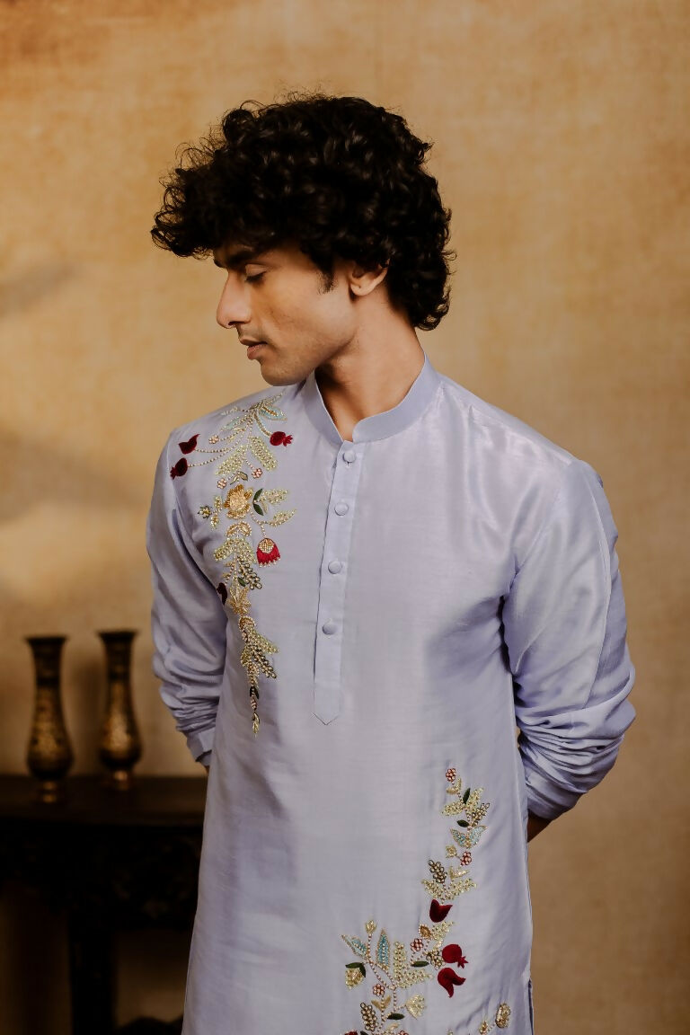 Falling Raw Silk Power Blue Botanical Bloom Kurta Set By Hilo Design | Grocsy