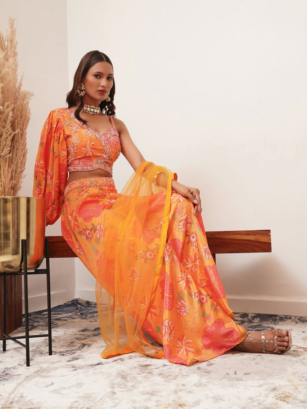 Orange Digital Chinon Handwork Top with Palazzo & Dupatta - Naomika | Grocsy