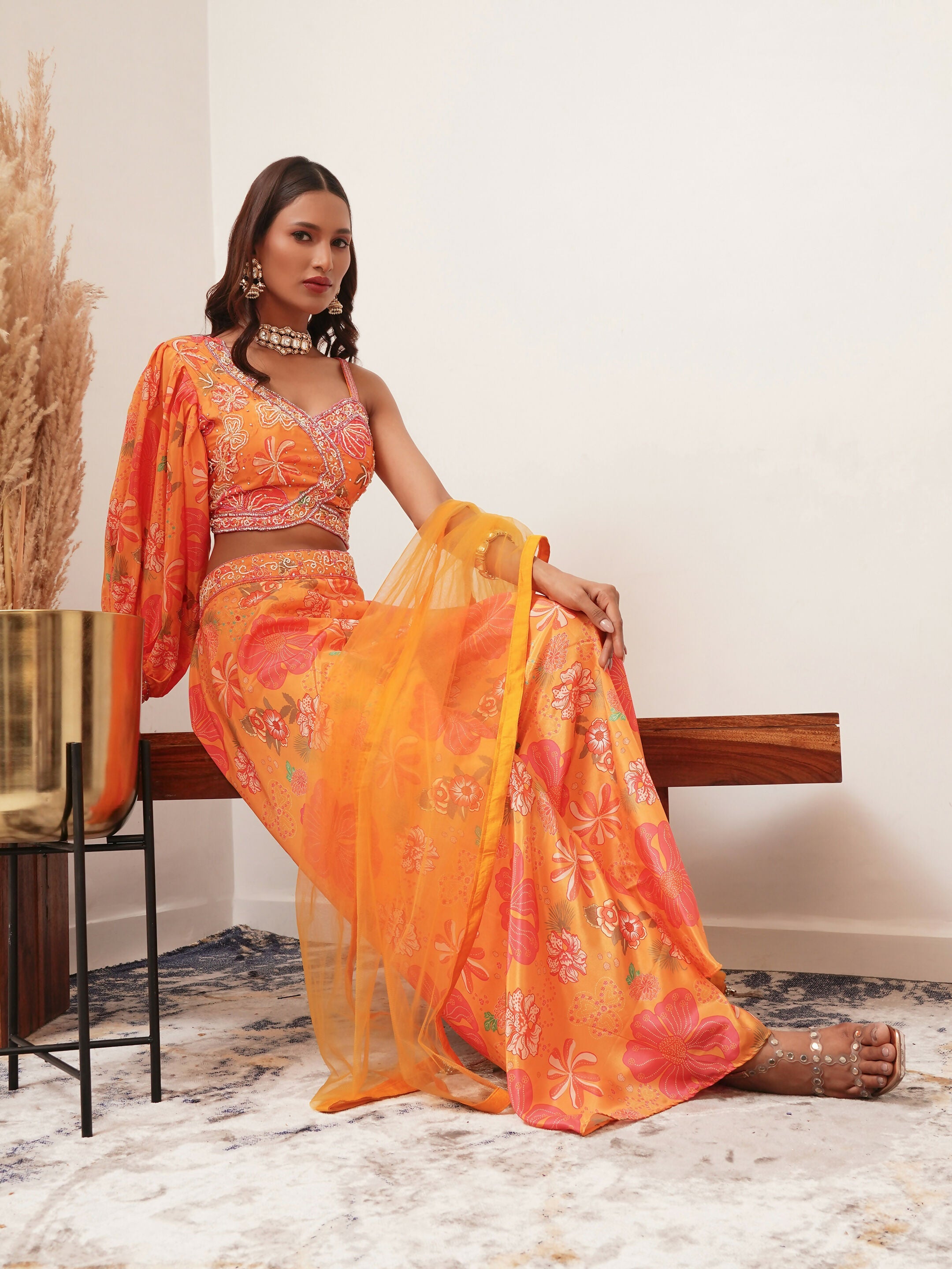 Orange Digital Chinon Handwork Top with Palazzo & Dupatta - Naomika | Grocsy