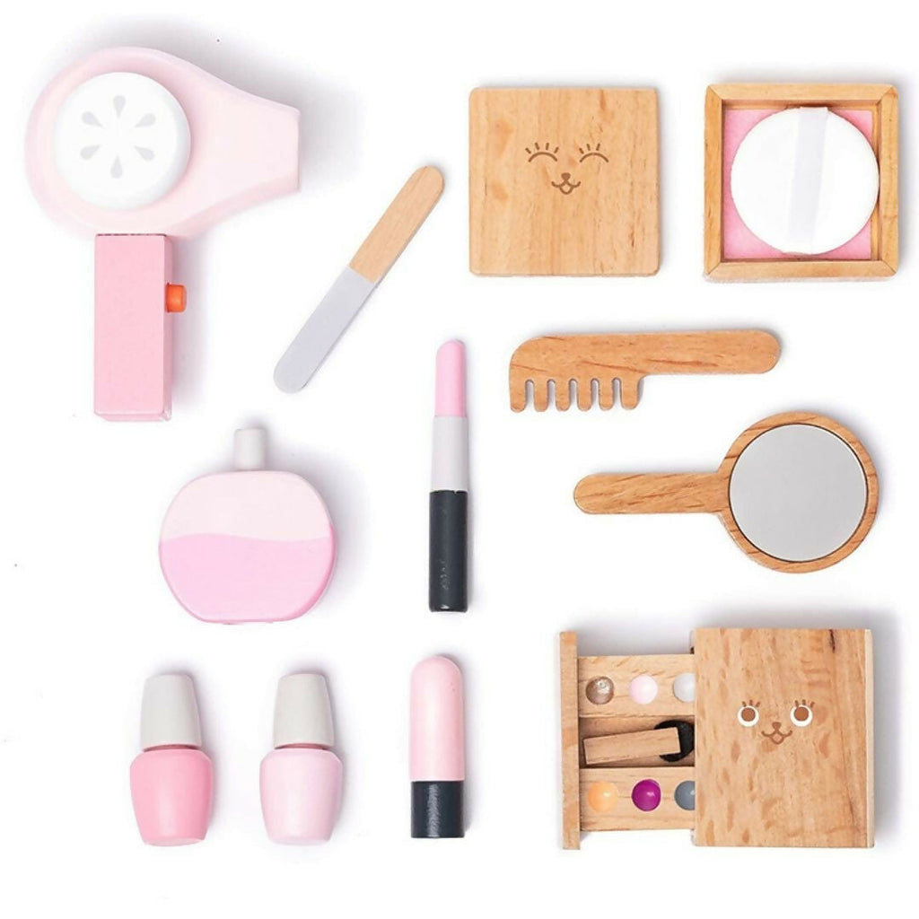 Nesta Toys Wooden Makeup Toy, Girls Salon Playset, Beauty Salon Play Set with Vanity and Accessories (12 Pcs) | Grocsy