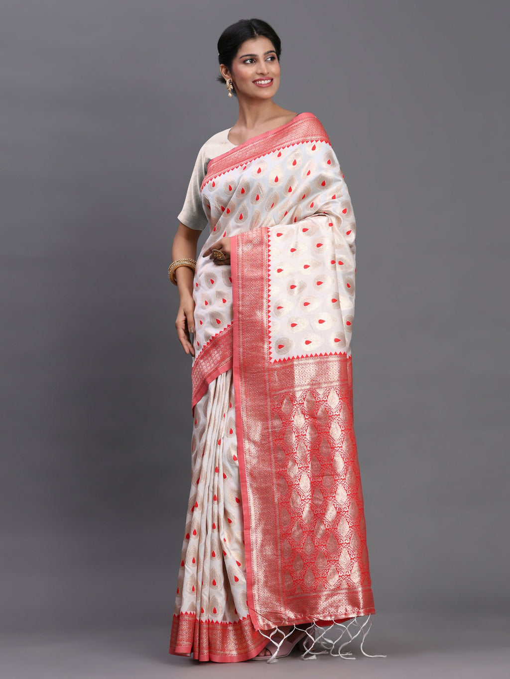 Shree Shyam Fashion Banarasi Silk Red & White Saree | Grocsy