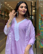 The52 Lavender Women's Gorgeous Embroidered Georgette Fabric Straight Kurta Pant with Dupatta Set | Grocsy