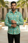 Turiya — Teal Ajrakh Cotton Shirt by Hilo Design | Grocsy