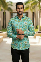 Turiya — Teal Ajrakh Cotton Shirt by Hilo Design | Grocsy