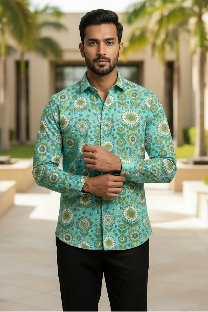 Turiya — Teal Ajrakh Cotton Shirt by Hilo Design | Grocsy