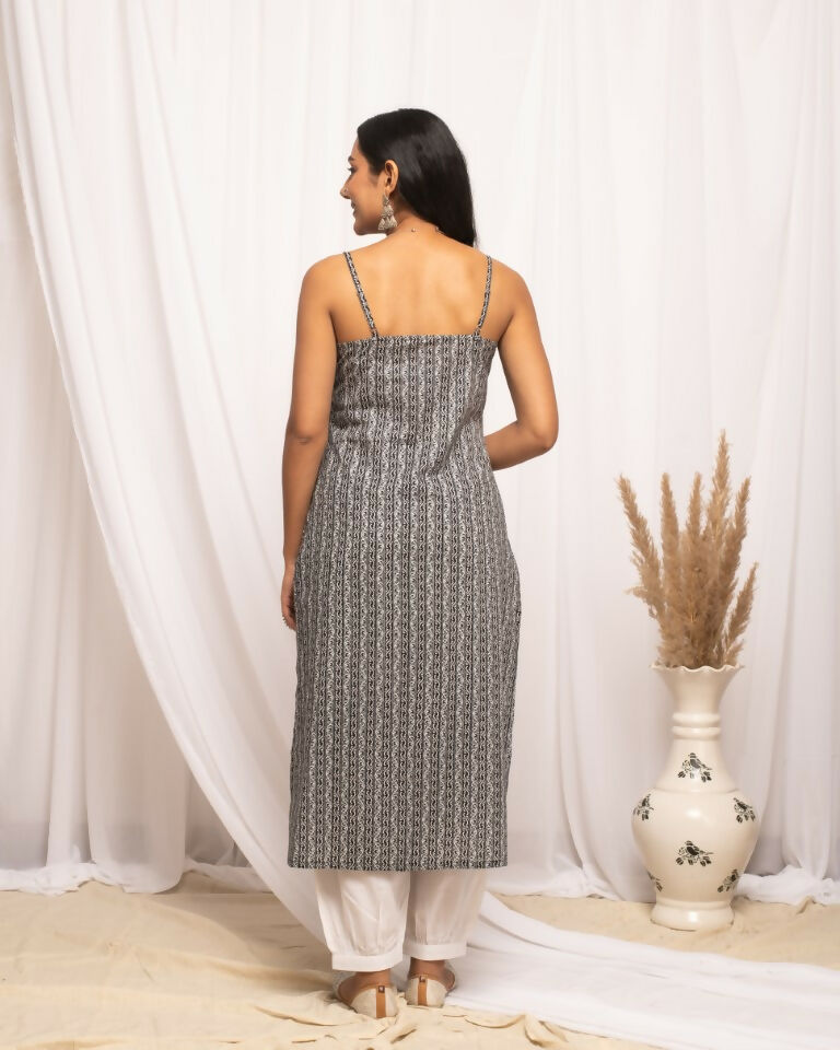 FIORRA Women's Strip Printed Black Cotton Straight Kurta | Grocsy