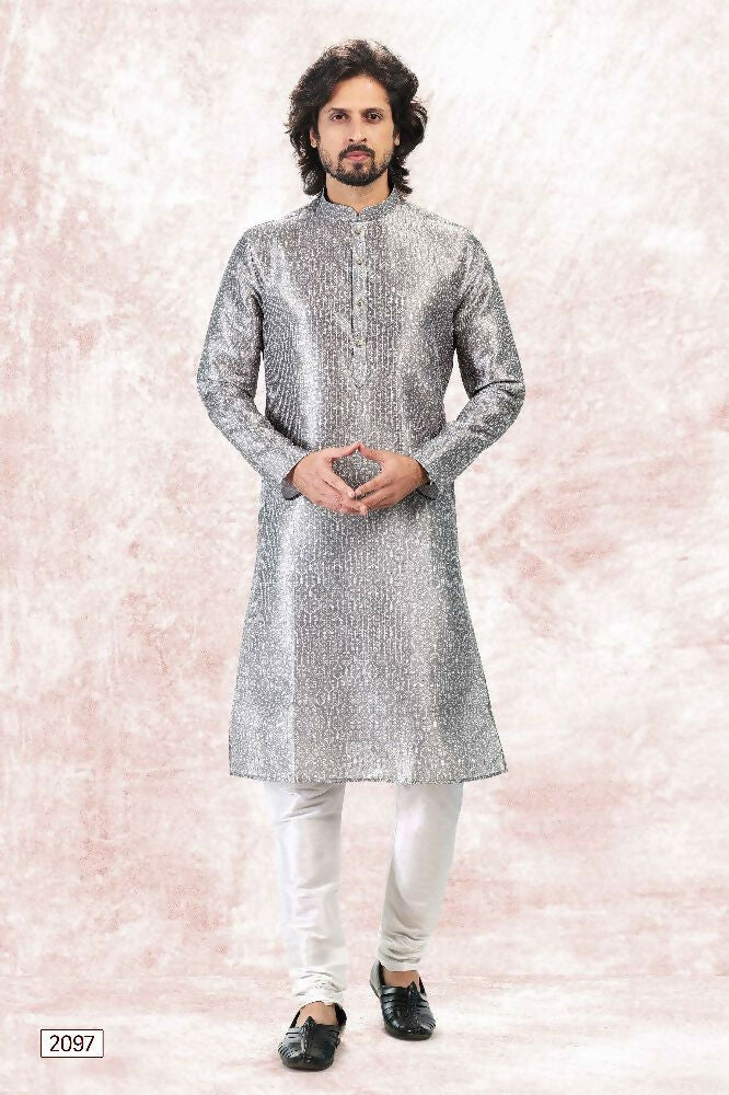 Raivat Ethnic Jacquard Banarasi Silk Digital Print Kurta Pajama In Grey Colour | Grocsy