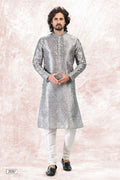 Raivat Ethnic Jacquard Banarasi Silk Digital Print Kurta Pajama In Grey Colour | Grocsy