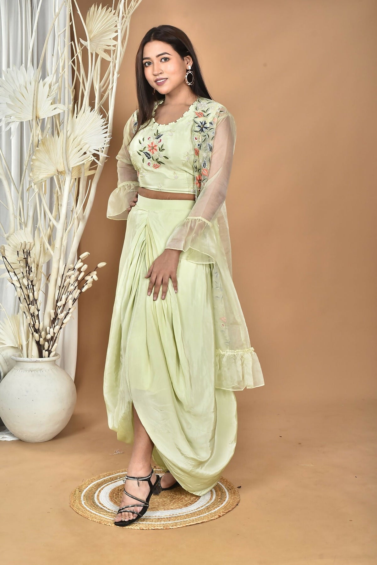 Morchari Women Hand Embroidery Crop Top-Light Green | Grocsy