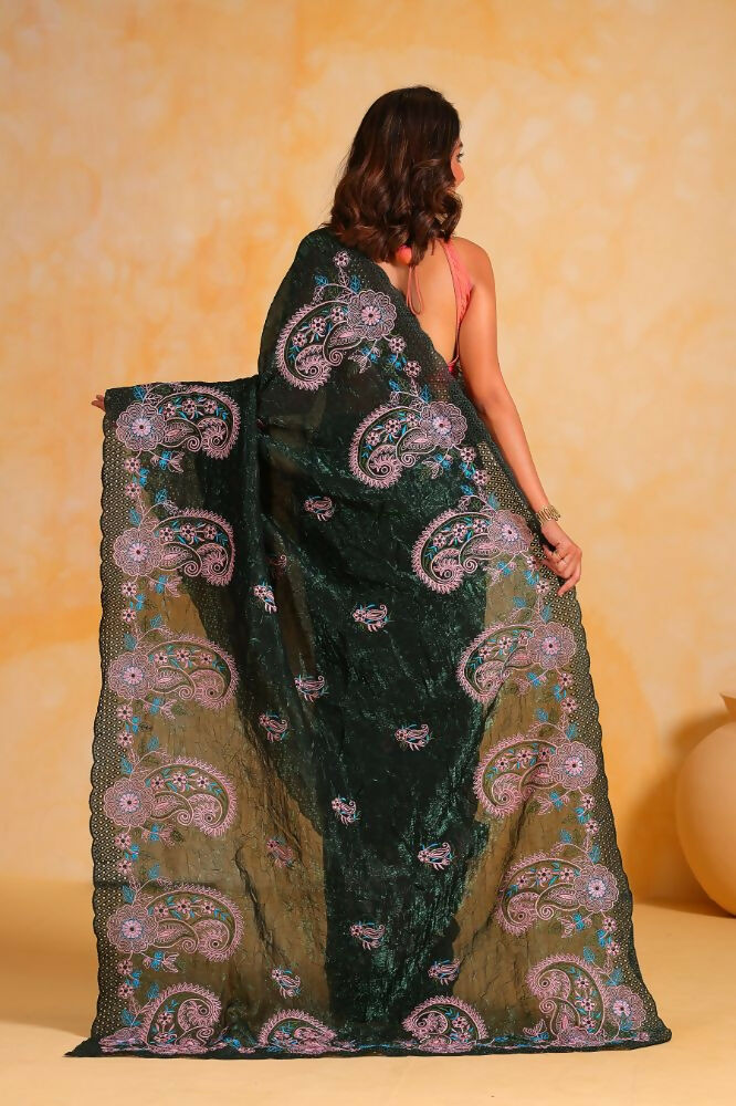 Vamsee Suhanisha Green Korean Shimmer Silk Saree | Grocsy