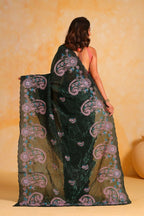 Vamsee Suhanisha Green Korean Shimmer Silk Saree | Grocsy