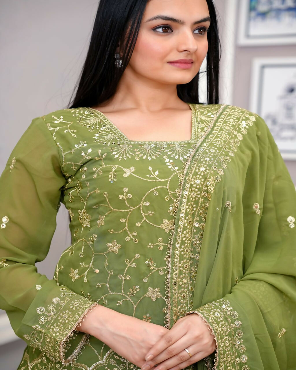 Teeya Creation Mehendi Green Faux Georgette Embroidery Work Sharara Set | Grocsy
