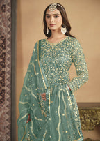 Net Mint Green Embroidered Festive Gharara Style Suit - Emponline | Grocsy