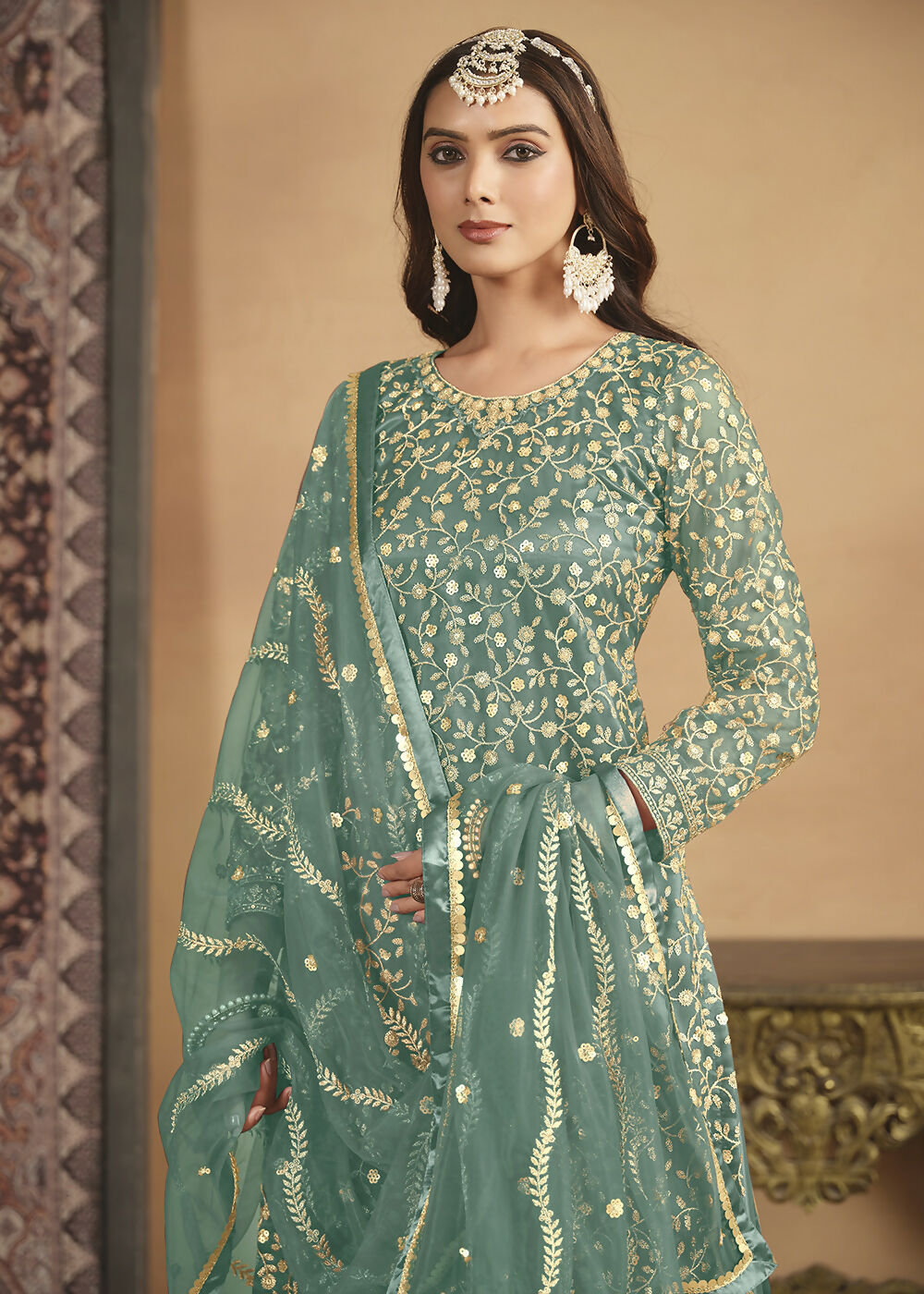 Net Mint Green Embroidered Festive Gharara Style Suit - Emponline | Grocsy