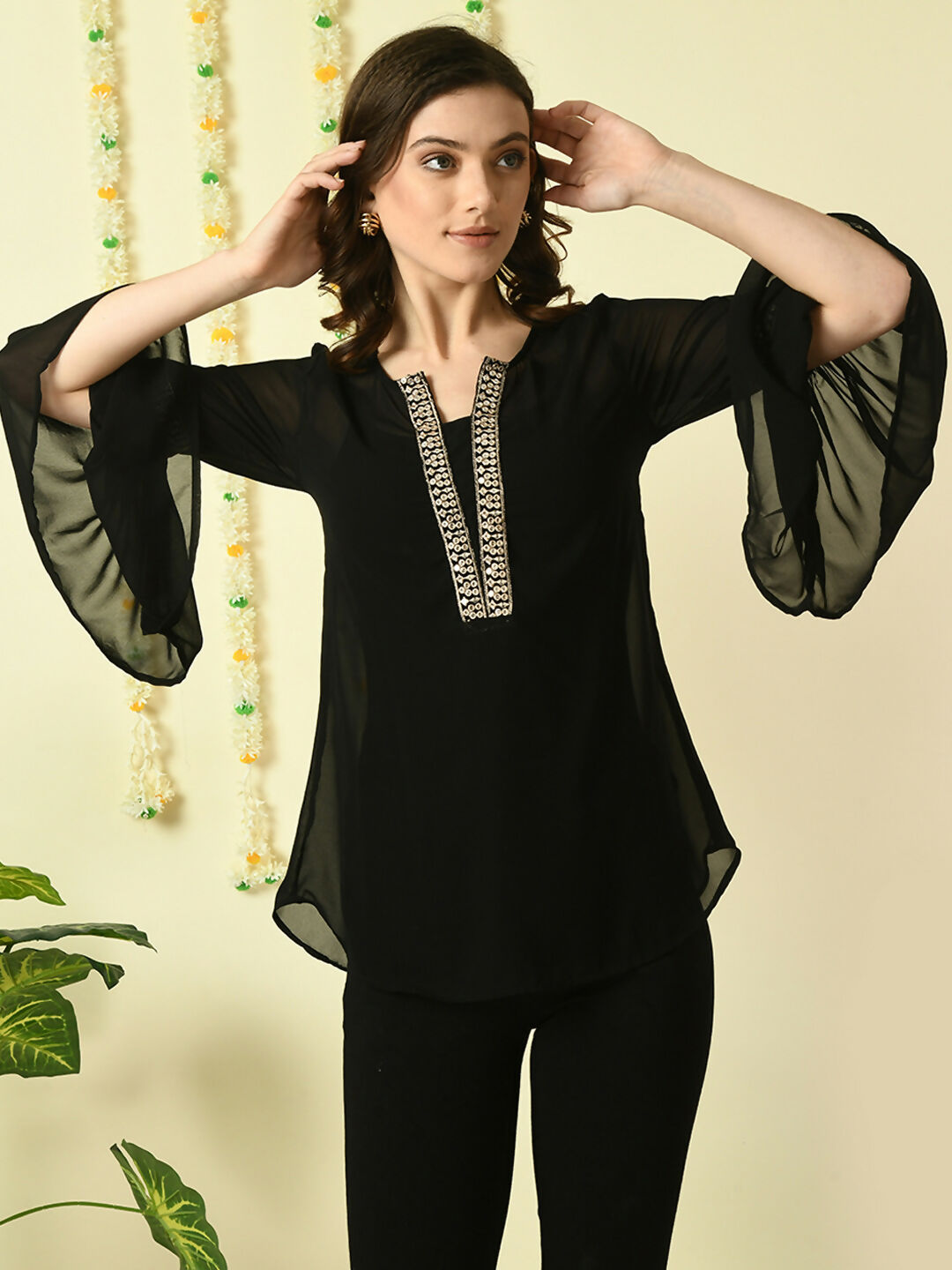 Myshka Women's Black Embroidered Party Fusion Top | Grocsy