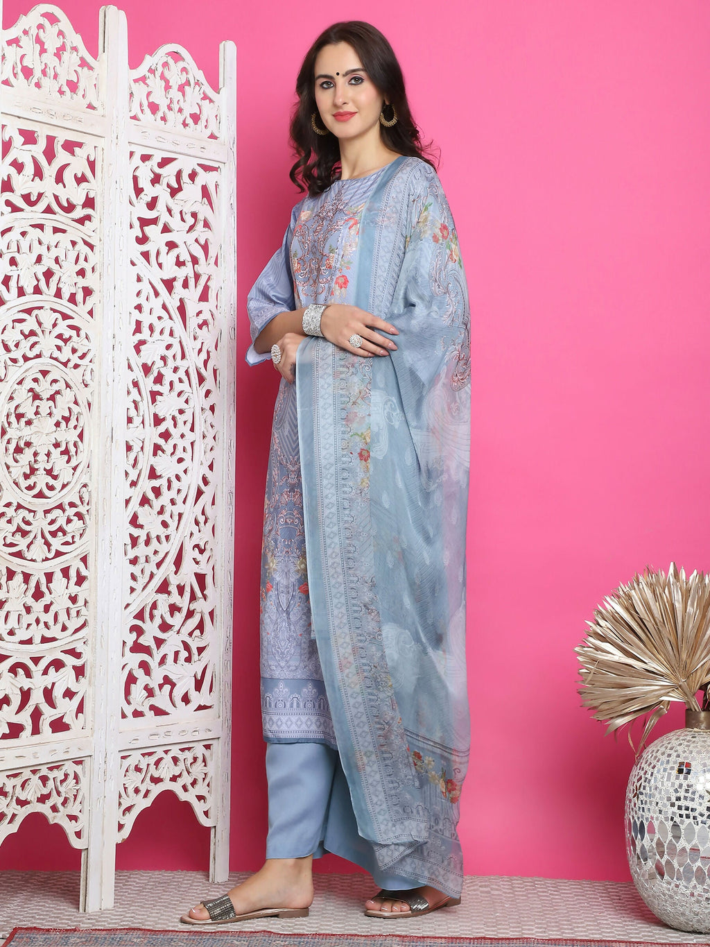Jyoti Fashion Women's Grey Satin Traditional Digital Print with Crystal work Kurta with Trouser & Dupatta | Grocsy