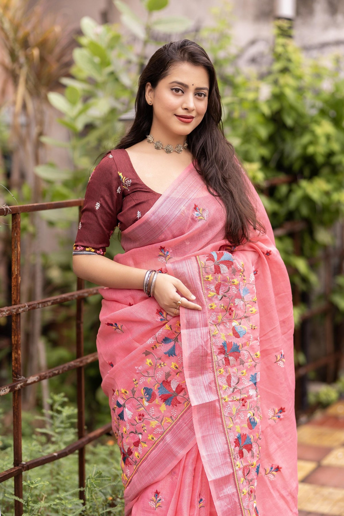 Pink Pure Linen Ethnic Motifs Saree with Unstitched Blouse - Hiral Fashion | Grocsy