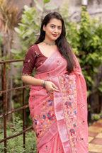 Pink Pure Linen Ethnic Motifs Saree with Unstitched Blouse - A2M | Grocsy
