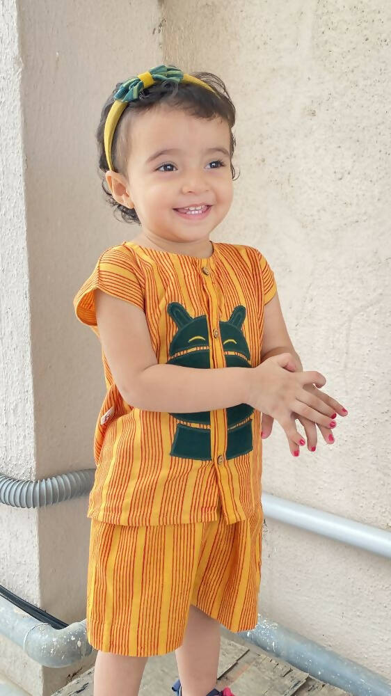 Mhyssa Motto Yellow and Red Half Sleeve T-shirt With Shorts Set For Kids | Grocsy
