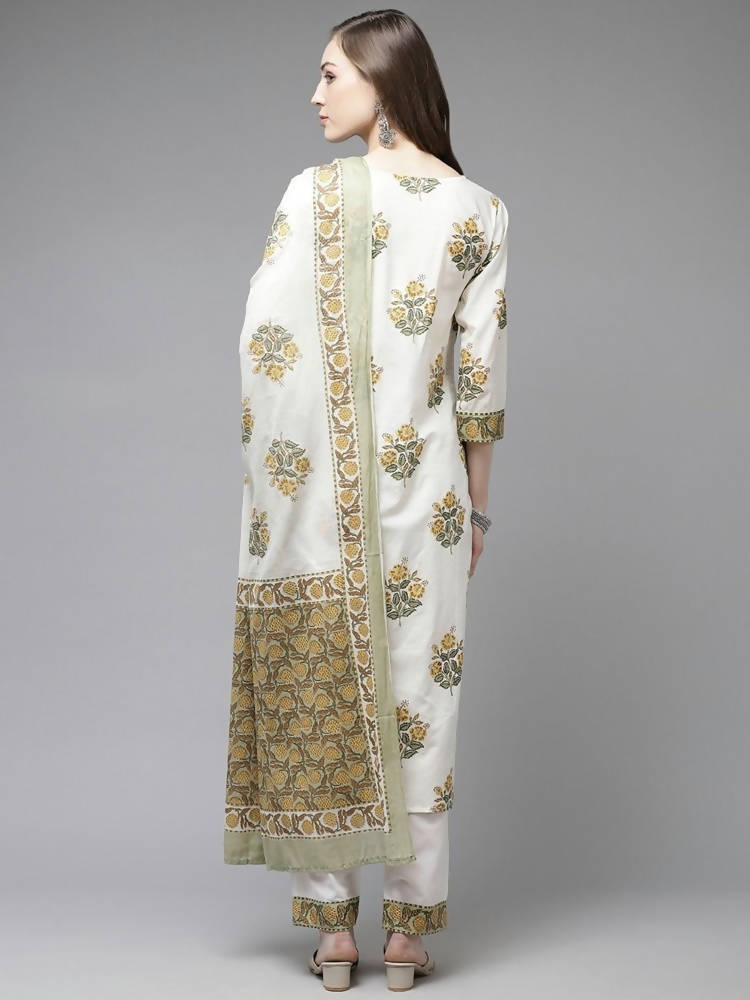 Yufta White yellow Floral Print kurta with Trouser & Dupatta set | Grocsy