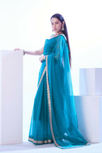 Firozi C/H Net Solid Designer & Lace Work Saree - Samaa | Grocsy