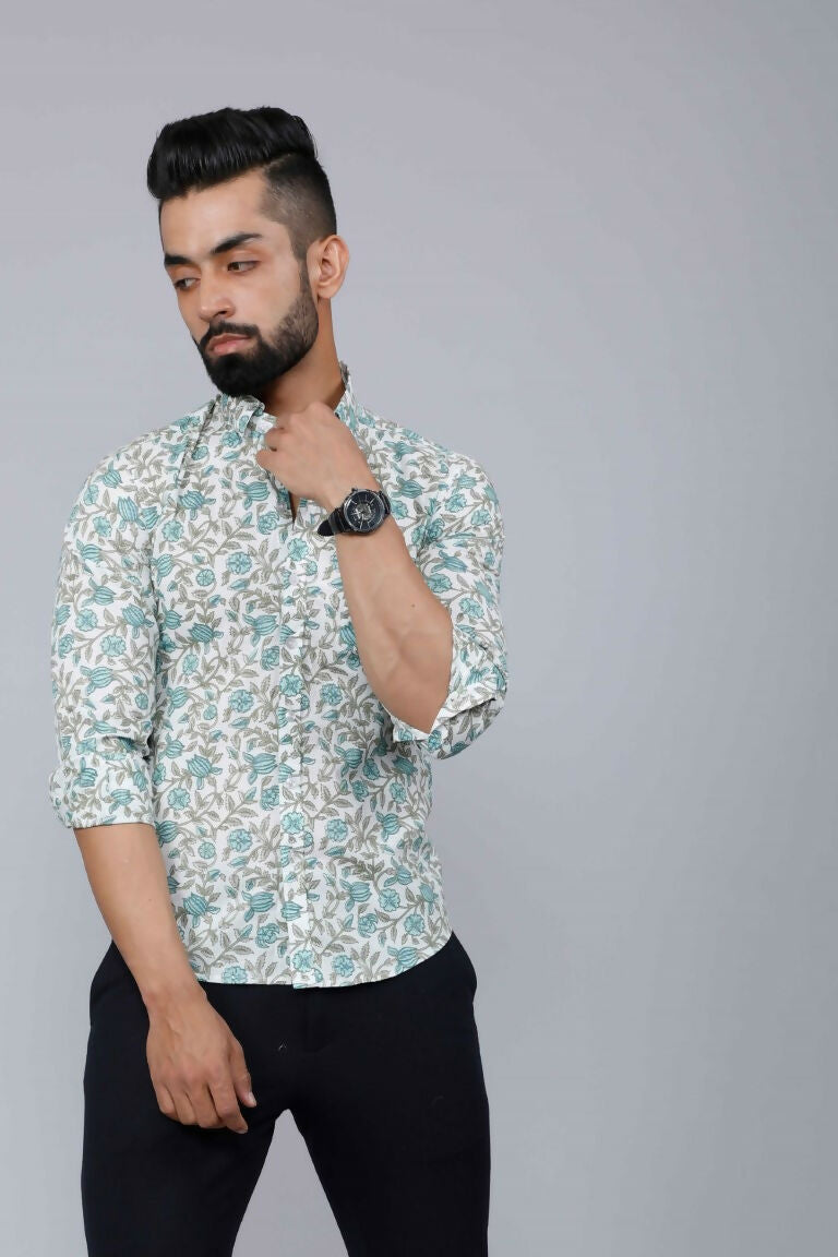 Miravan Men's Spread Collar White & Green Floral Print Slim Fit Shirt | Grocsy
