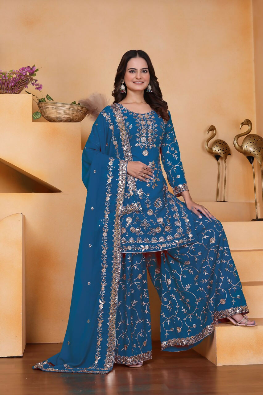 Teeya Creation Blue Color Faux Georgette Embroidery Work Wedding Wear Palazzo Set | Grocsy
