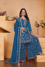 Teeya Creation Blue Color Faux Georgette Embroidery Work Wedding Wear Palazzo Set | Grocsy