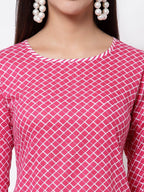 Myshka Women's Pink Cotton 3/4 Sleeve Round Neck Printed Casual Kurta | Grocsy