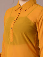 Myshka Women's Yellow Solid Georgette Longline Party Sheer Tunic | Grocsy