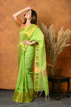 Very Much Indian Handloom Pure Cotton Linen Saree With Golden Border - Light Green | Grocsy