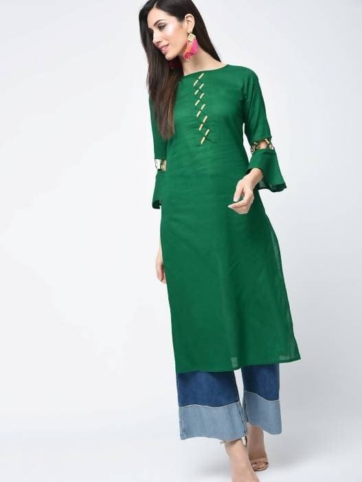 Aniyah Cotton Criss Cross Bell Sleeves Straight Thick Green Kurta (AN-101K) | Grocsy