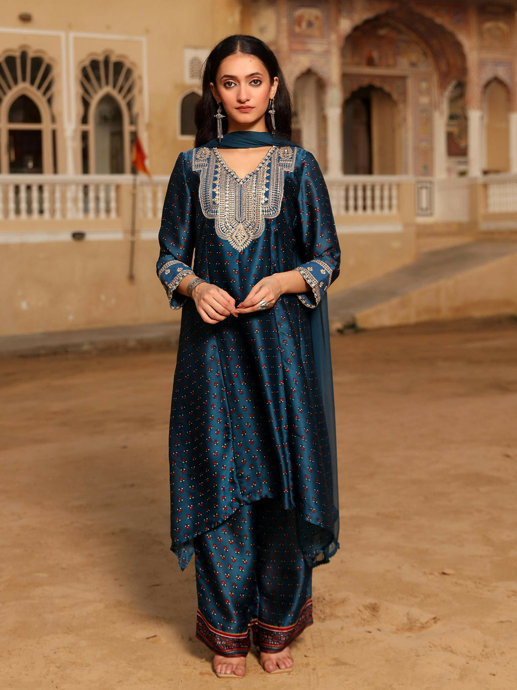 Juniper Women's The Swarn Blue Ethnic Motif Printed Satin Kurta Pant And Dupatta With Zari & Mirror Work | Grocsy