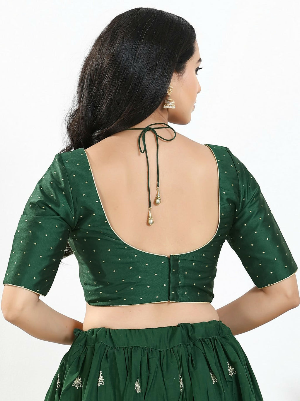 Joban Fashion Bottle Green Brocade Padded Blouse With Sweetheart Neck Elbow Sleeves | Grocsy