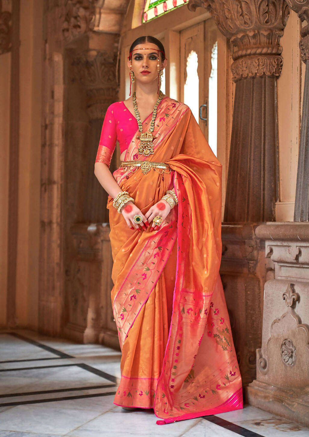 Orange Soft V.P. Silk Magnum Finish, Weaving, Golden Zari Paithani Silk Saree - Rath Kadampalli | Grocsy