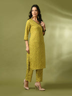 Myshka Women's Yellow Printed Cotton Straight Party Kurta Set | Grocsy