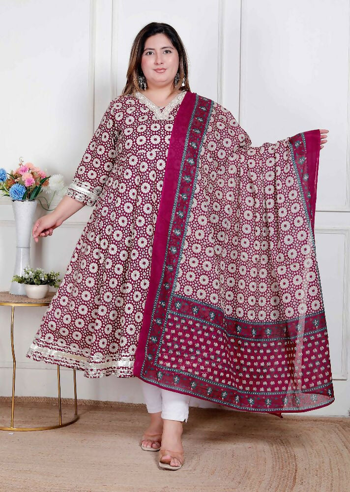 Miravan Plus Size Women'S Cream Embroidered Cotton Anarkali Kurta And Dupatta | Grocsy