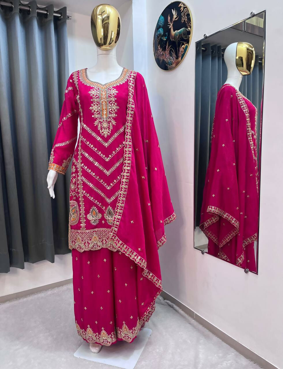 Teeya Creation Rani Color Chinon Silk Party Wear Trending Palazzo Set | Grocsy