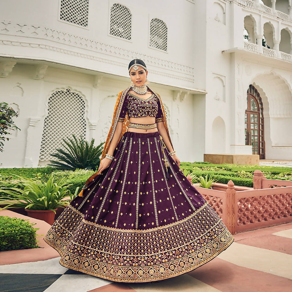 Purple Heavy Viscose Khatli, Embroidery & Mirror Work Unstitched Lehenga Choli - Sisha Keshav | Grocsy