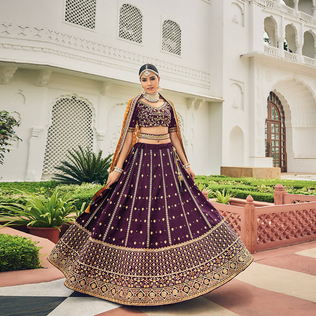 Purple Heavy Viscose Khatli, Embroidery & Mirror Work Unstitched Lehenga Choli - Sisha Keshav | Grocsy