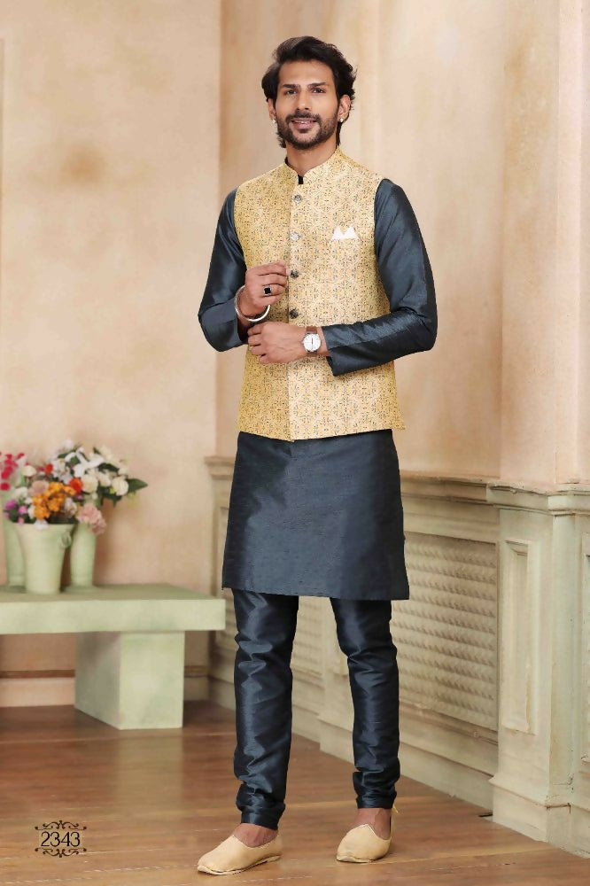 Raivat Ethnic Jacquard Banarasi Silk Woven Work 3 Pics Jacket Set In Beige Colour | Grocsy