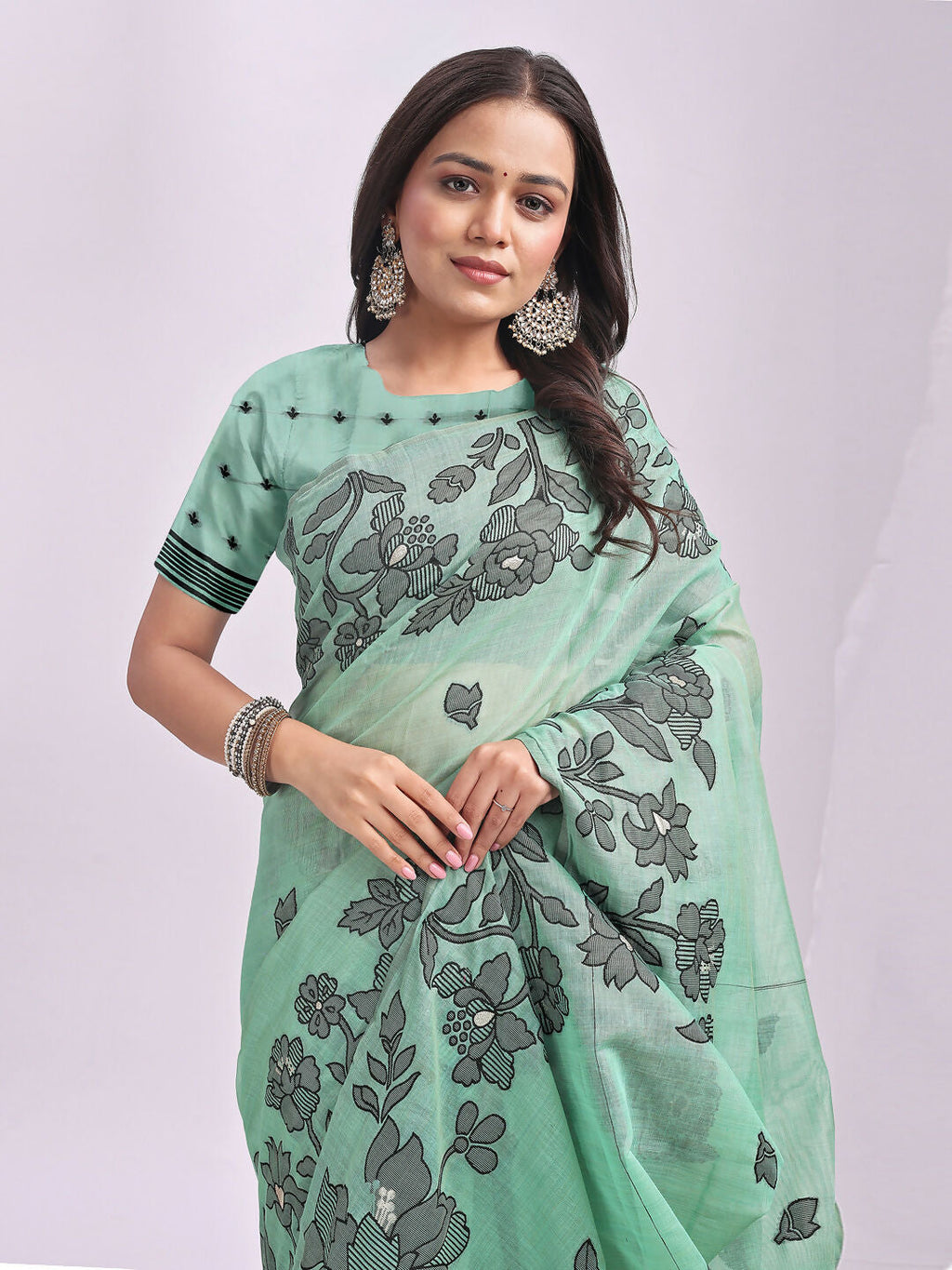 Shree Shyam Fashion Kashira Rama Green Linen Cotton Saree | Grocsy